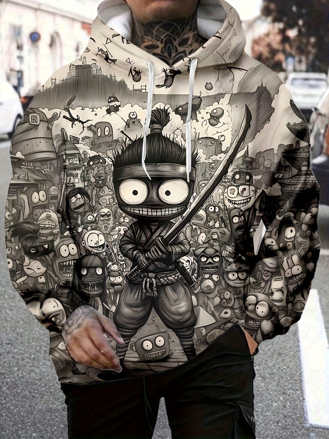 Vintage Cartoon Ninja Warrior Print Hooded Sweatshirt for Men, 100% Polyester Knit Fabric, Long Sleeve Regular Fit Hoodie with Slight Stretch - Casual