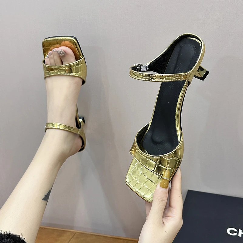 Crocodile Elegant Gold Sier Mule Slippers Woman Square Toe Low Heel Sandals Ladies Summer Slip-on Buckle Dress Shoes c256