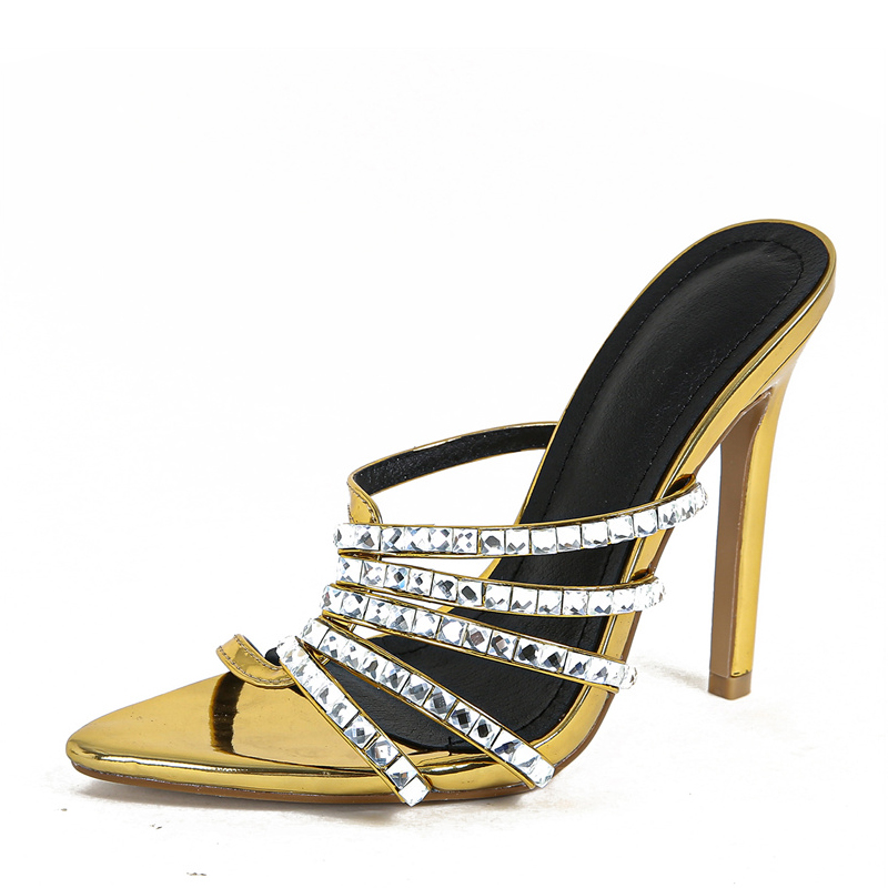 Summer Liyke Fashion New Golden High Heels Modern Slippers For Women Crystal Rhie Narrow Band Sandal Female Party Prom Shoes 3968