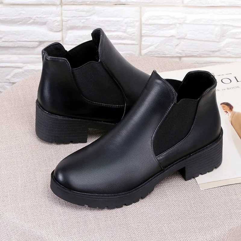 Ankle Fashion Women's Round Toe New Style Soft Leather Black Boots Casual Low Heel Shoes Slip-on atos Mujer 2024 92e9