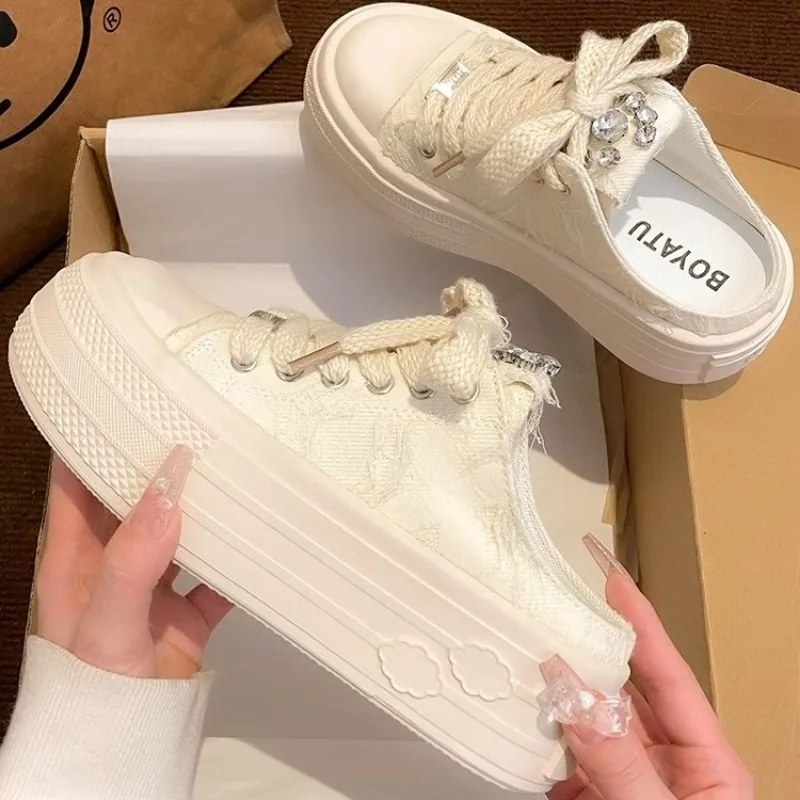 2024 Summer Sneakers Women's Slippers and New Ladies Sandals Sports Slides with Bow Height Shoes Round Toe Cotton Junior White 790b Sals