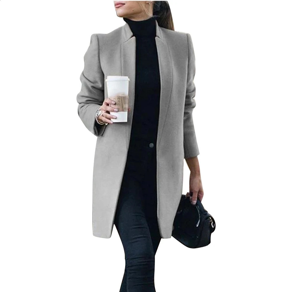 High Quality Fashion Women Winter Solid Long Sleeve Jacket Stand-up Collar Faux Wool Coat Wool Blends Coats Autumn Winter 240830