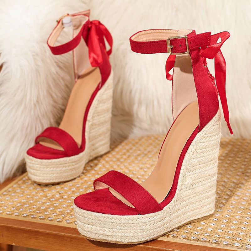 Summer Liyke Fashion Red Silk Lace New Up Cover Strap Women Platform Wedge Sandals Cozy Open Toe Super High Heels Party Dress Shoes