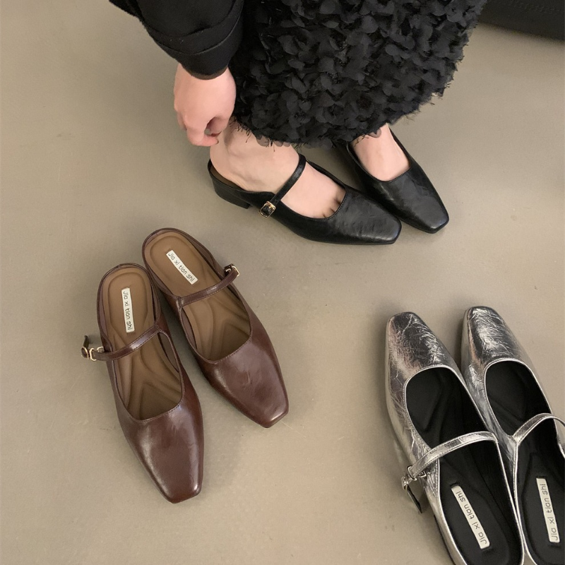Design Sier Women Mary Jane Half New Slippers Pointed Toe Sandals 2024 New Flip ps Summer Casual Dress Mules Flats Shoes Slides f05f
