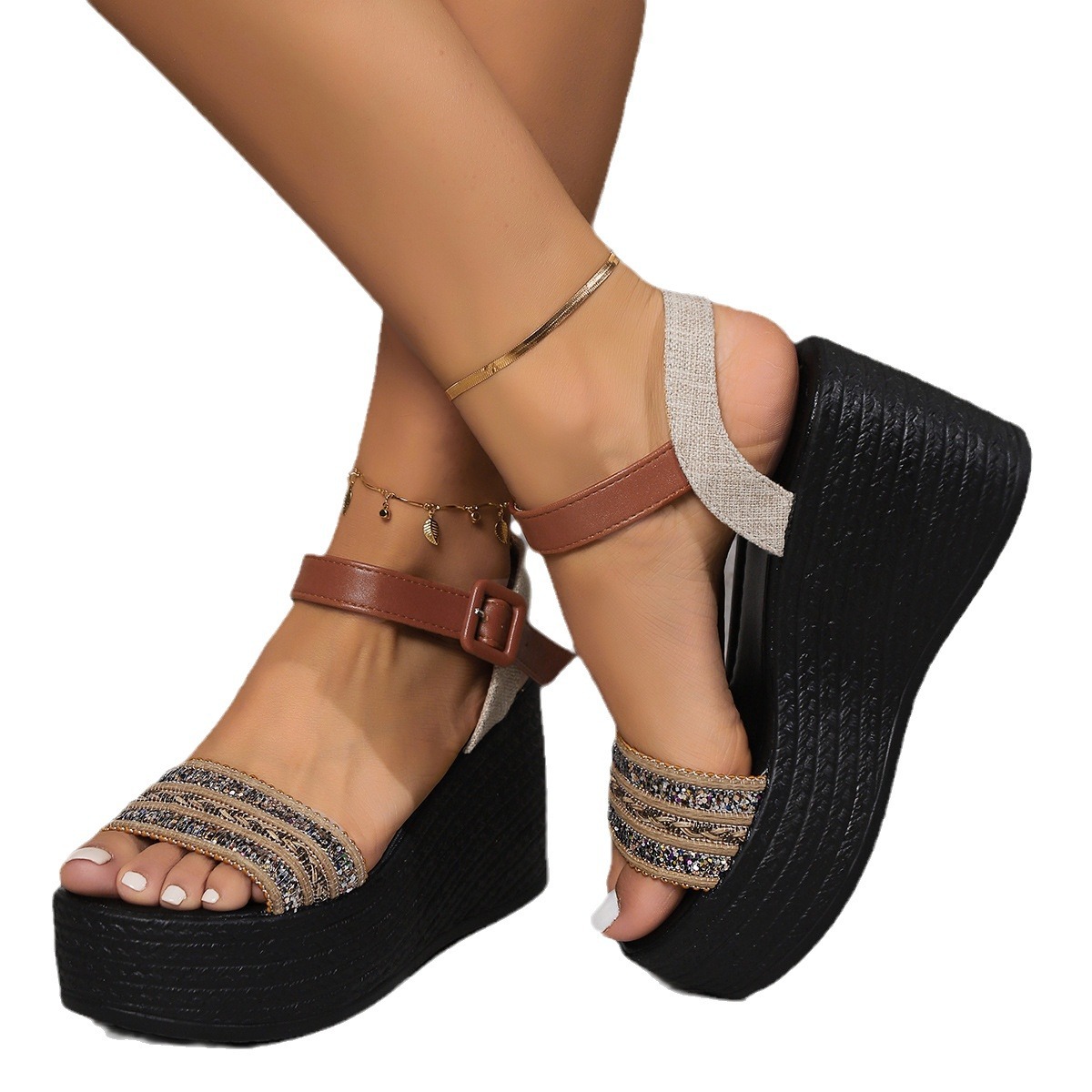 Heel Wedge Sandal New Summer Gladiator Designer Shoes One-e buckle sandals Women 2024 Med Heels Plus Size 8589 s