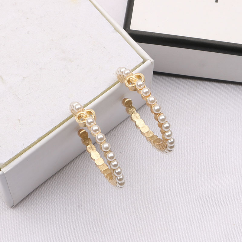 Designer Earings Simple Women Fashion Letter Earring inlay Pearl Crystal Rhie Metal Eardrop Dangle Gold Sier Round Stud for Girls Lovers Jewelry Gifts