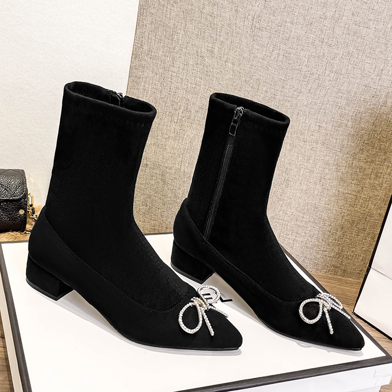 ck Crystal Bowtie ankle boots women zip open short sock booties female pointy low heel winter botas mujer autumn bow botines ad6b so