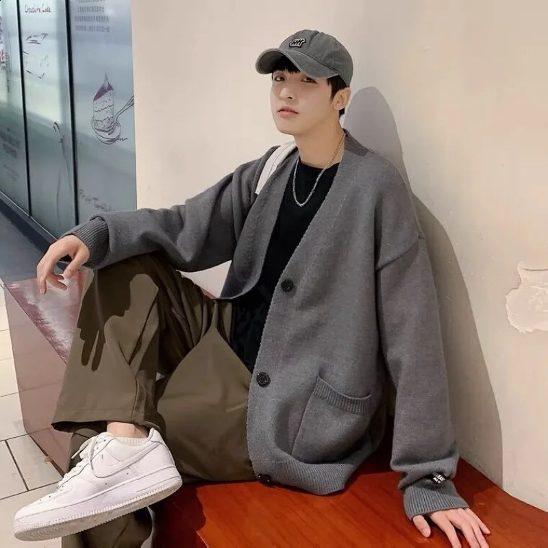 Man Clothes Cardigan Solid Color Knitted Sweaters for Men with Pockets V Neck Coat Jacket Plain Japanese Retro T Shirt Baggy S A 240903