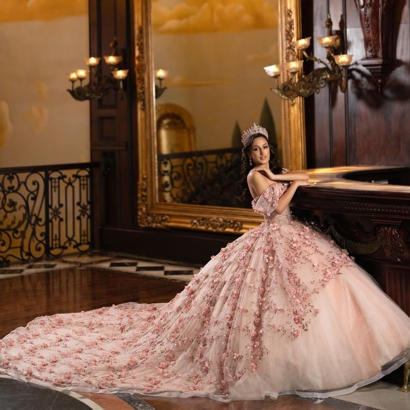 2024 Pink Shiny Princess Quinceanera Dresses Sequin Appliques Lace wer Beads Birthday Party Dress Tulle Sweet 16 Vestido De 15