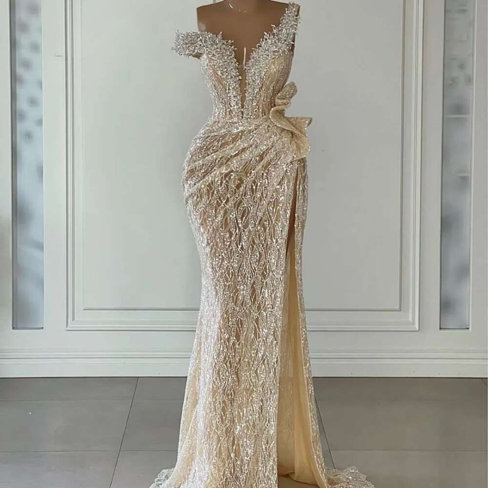 Elegant Champagne Mermaid Dresses Sleeveless Beaded Appliques Sequins Pearls or Length Side Slit Lace Evening Formal Gown