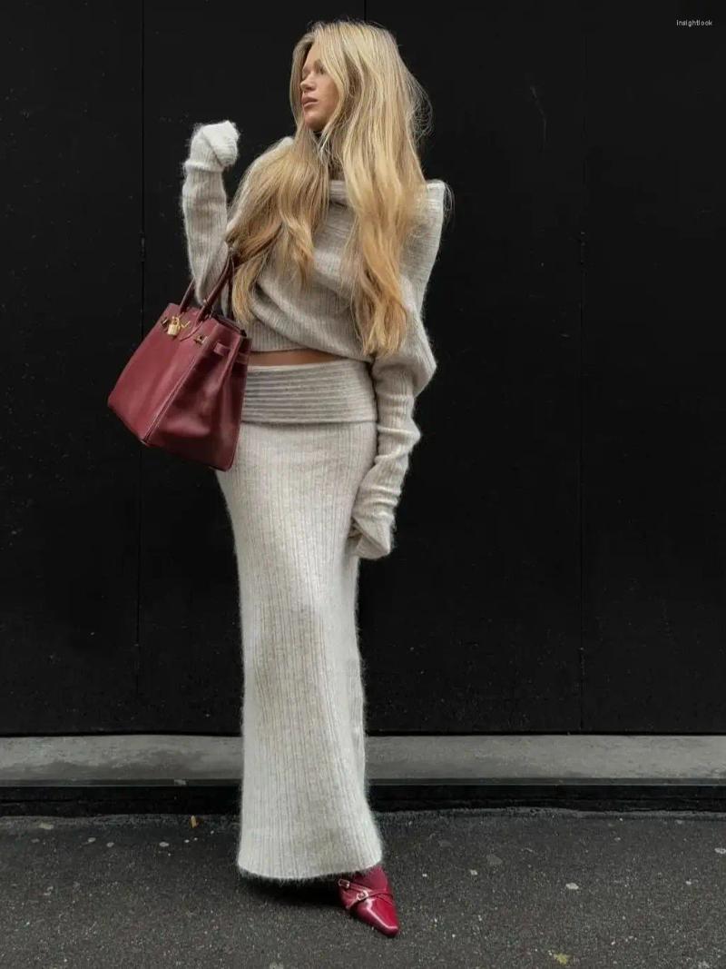 Work Dresses Off Shoulder Warm Sweater Co-ords Maxi Skirt Set Grey Melange A Line Long Sleeve Bandage Top Party Dress