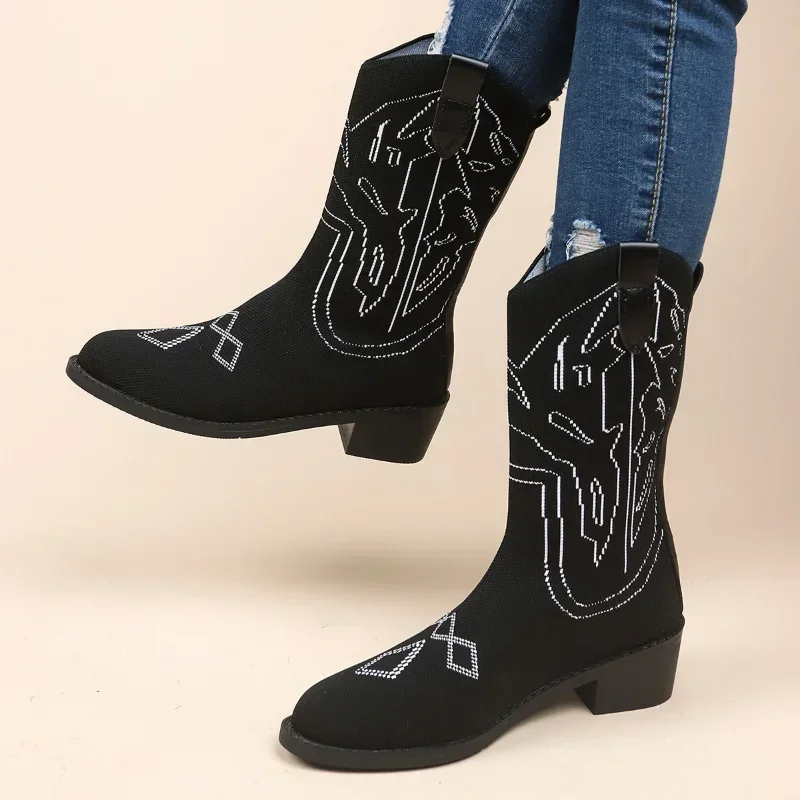 Chunky Women Heels Knitting Walking Winter New Trend Desig Knee High Boots Pumps Breatheable Sock Botas 49c1