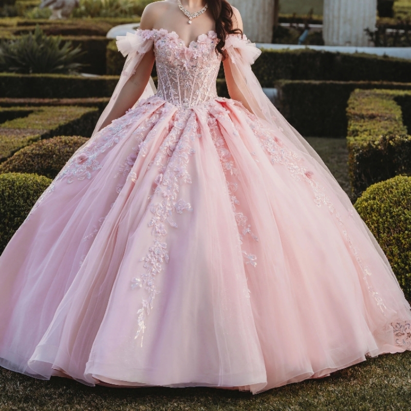 2024 Pink Shiny Quinceanera Dresses With Cape Ball Gown Applique Lace Beading Tulle Lace-Up Backless Party Princess Sweet 16 Dress