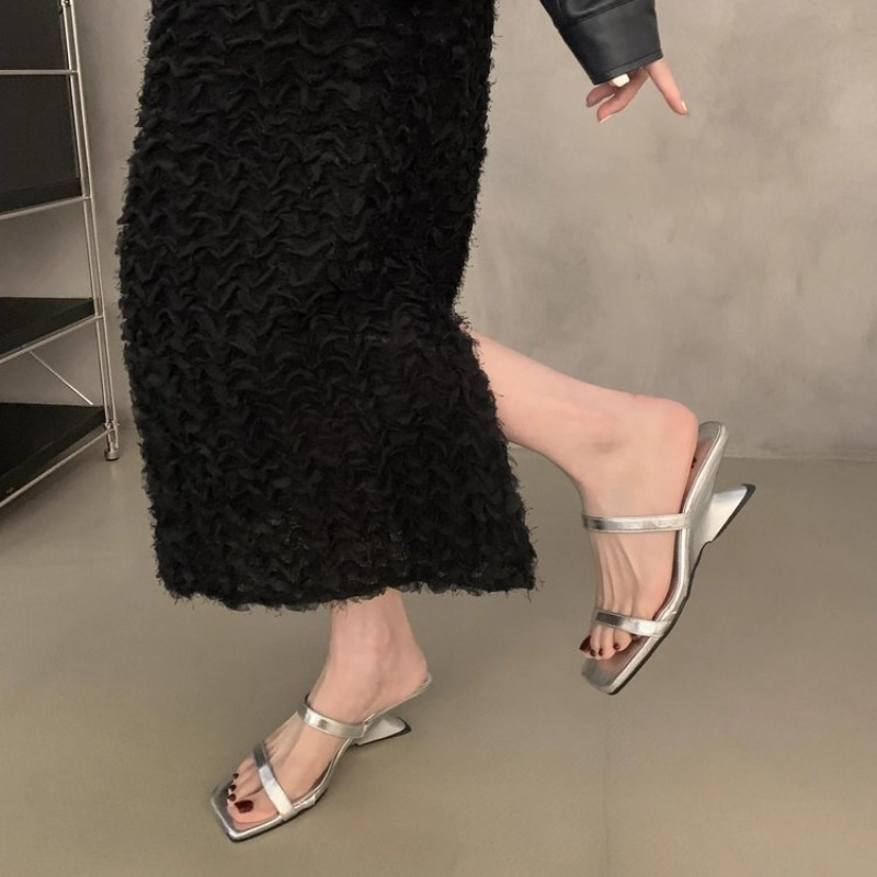 Summer 2024 New Simple Open-toed Thin Strap Wedge Sandals Square Head Sexy High-heeled Roman Slippers Flip ps Blue New Slides 1f5b