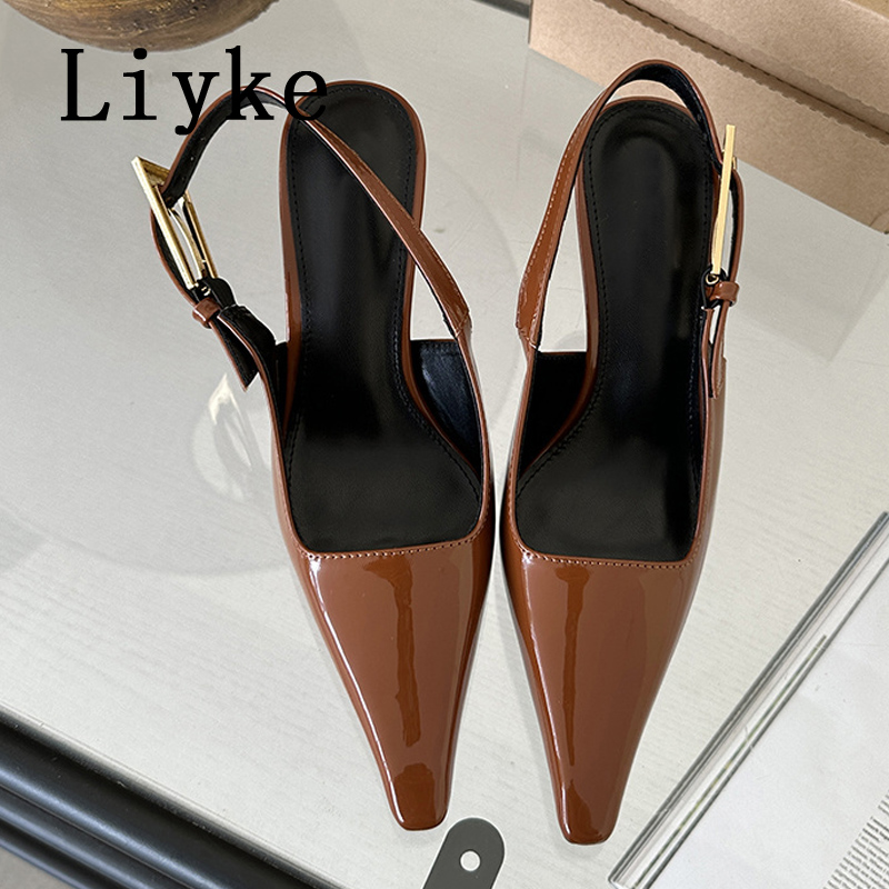Liyke Designer Narrow Band Buckle Strap Pumps Women Sexy Pointed Toe Thin Heels Wedding Banquet Dress Mule Ladies Shoes Sandals