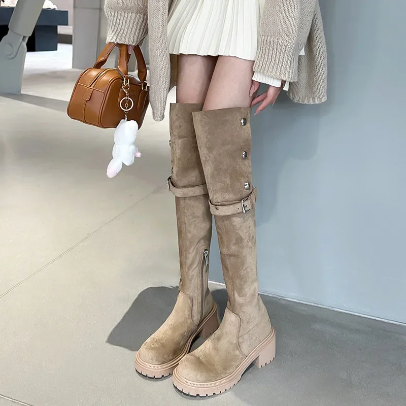 Women Platform Shoes Flat Fur Warm Chelsea Boots New Fashion Suede Over The Knee Boots Short Plush Cotton High Botas 2024