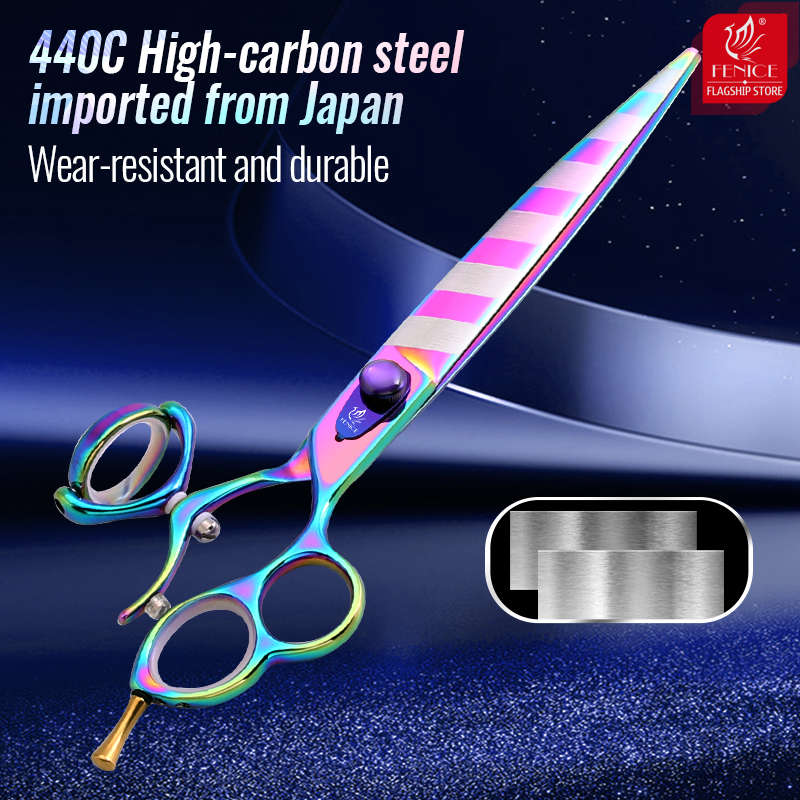 Fenice 8 inch Professional Pets Grooming Scissors 3 Hole 360° Rotating Handle Straight Curved Pet Hair Cutting Shears Scissors