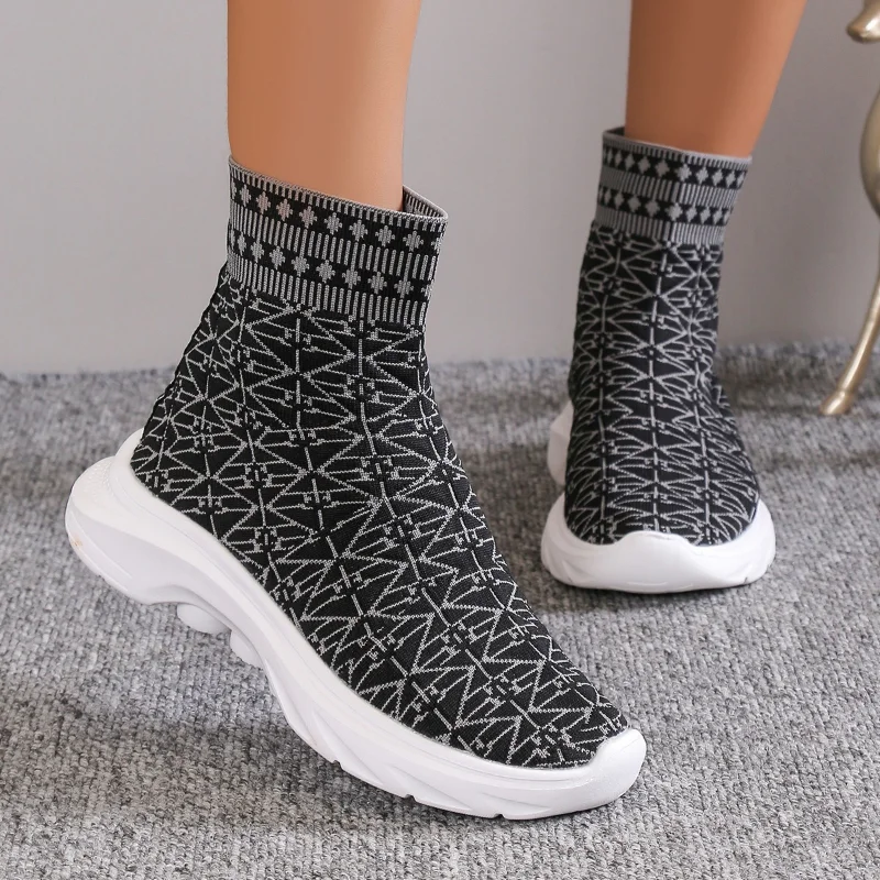 Chunky Platform Fashion for Women 2024 Autumn Slip-On Elastic Knitted Ankle Woman Mid-calf Boots Sock Shoes Size 43 0021