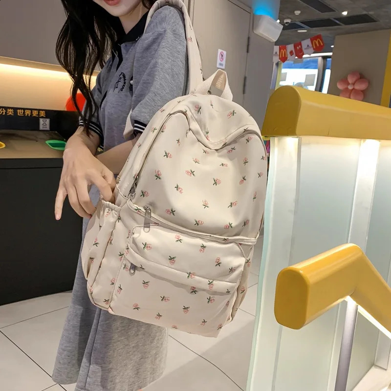 Korean Student School Backpack Floral White Bags For Teenage Girls Cute Womens Book Pack Nylon Rucksack 240903