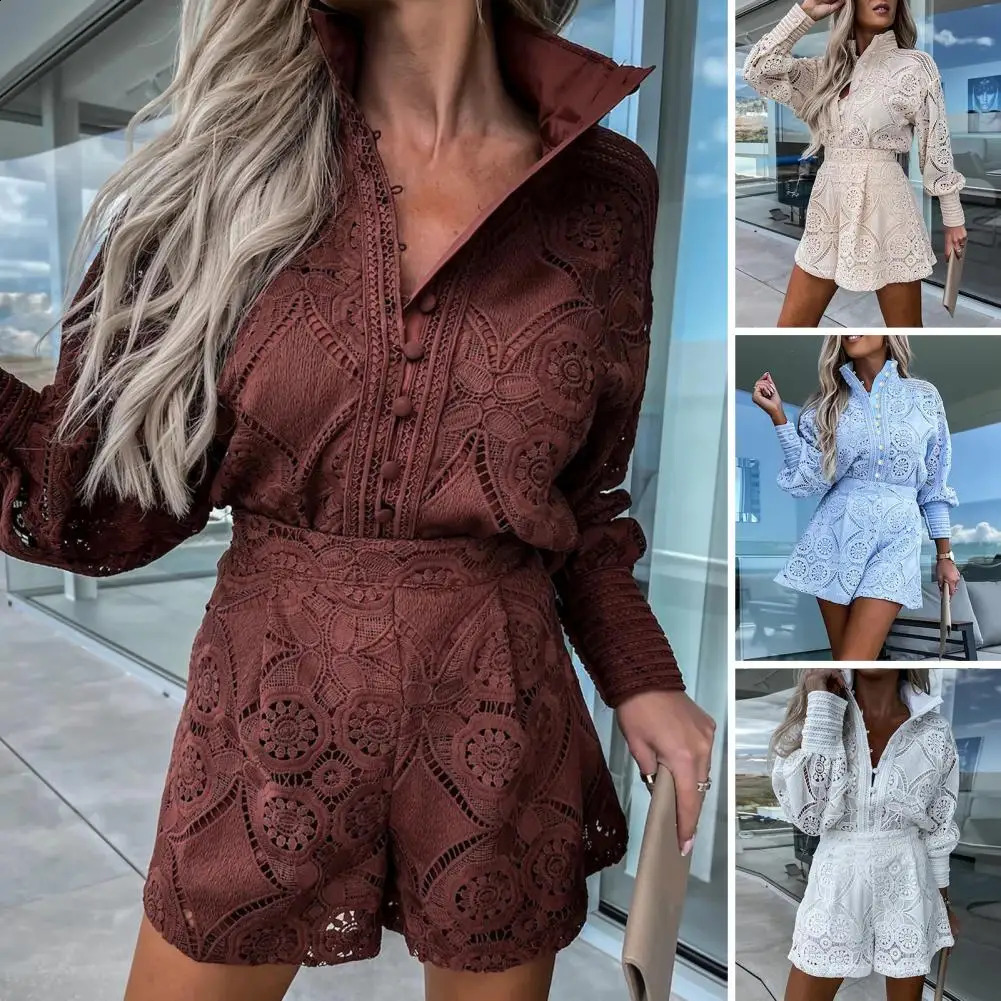 2-piece/set stand up collar long sleeved single chest high waist womens embroidered hollow lace shirt wide leg shorts set 240903