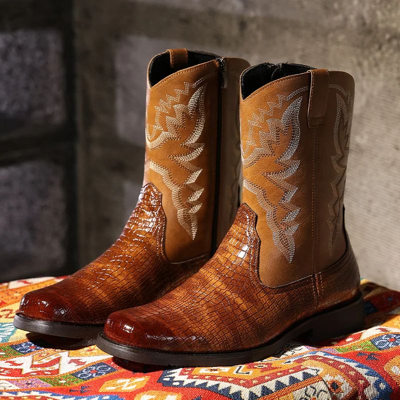 Men's Classic Retro Riding Boots Mens Embossed Leather Embroidery Mid-Calf Boots Men Western Cowboy Boots High-top Casual Shoes
