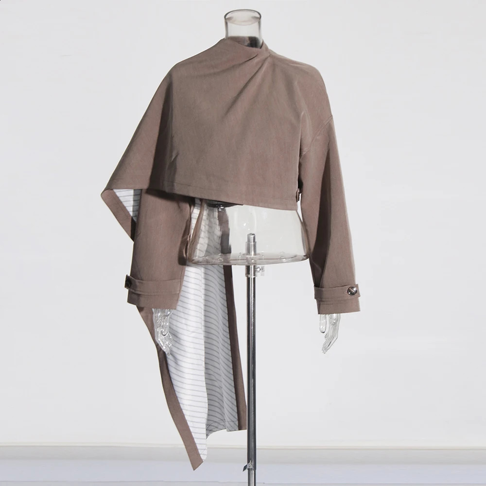 TWOTYLE Fashion Splicing Button Solid Short Coat Womens Turtle Neck Long Sleeve Asymmetric Jacket Womens Fashion Style 240902