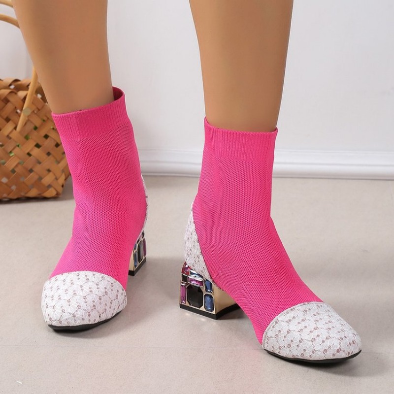 Patchwork Women Sequin Ankle Winter Round toe Colorful Rhie Square Heels Fashion Elastic Short Boots Banquet Shoes 4673