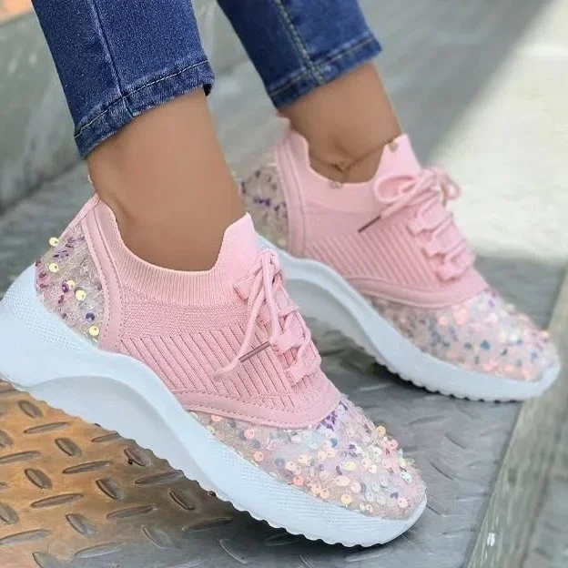 Casual Women Glitter New Sequins Sneakers Woman Fashion Lacing Large Size 43 Outdoor Sport Running Shoes atillas b0ce