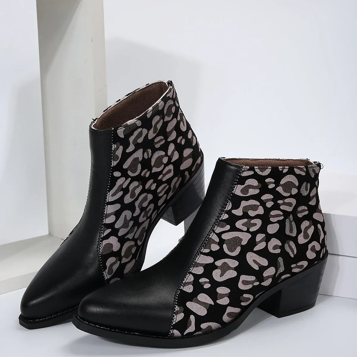 for Shoes Women Leopard Ankle Woman Pointed Toe Patchwork Short Barrel Chunky Heel Large Size Western Boots 2024 1a74