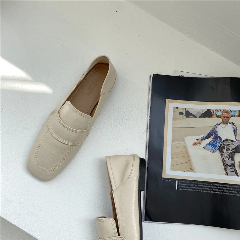 Leather Loafers Women, Flat Square Toe Slip-on Shoes, Casual Ladies Mules for Party and Driving