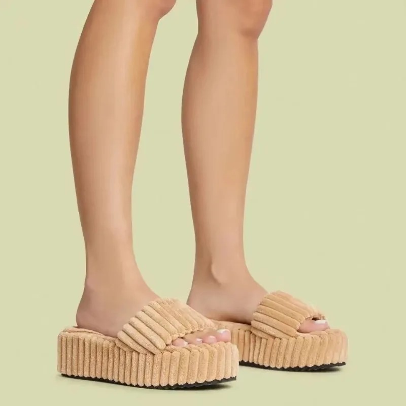 Women's new style luxury brand summer large size thick soles towel plush slips women's fashion open-to-e home slippers