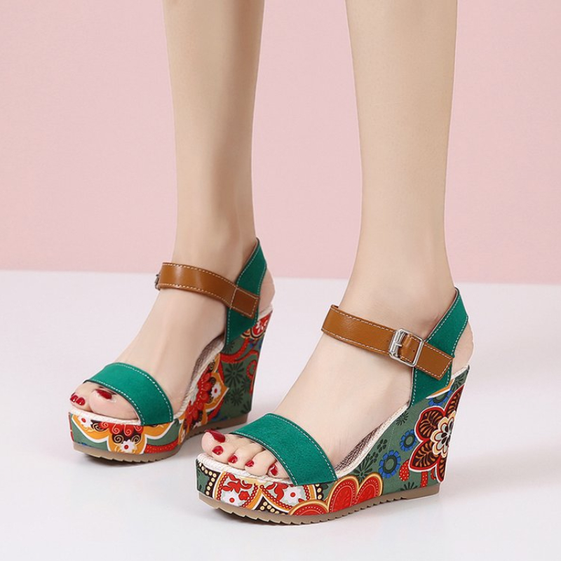 Women's Summer Wedge Sandals: Ethnic Print, Comfy Platform Sandals for Ladies