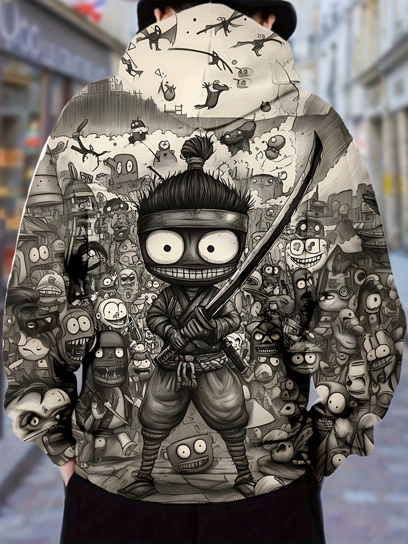 Vintage Cartoon Ninja Warrior Print Hooded Sweatshirt for Men, 100% Polyester Knit Fabric, Long Sleeve Regular Fit Hoodie with Slight Stretch - Casual