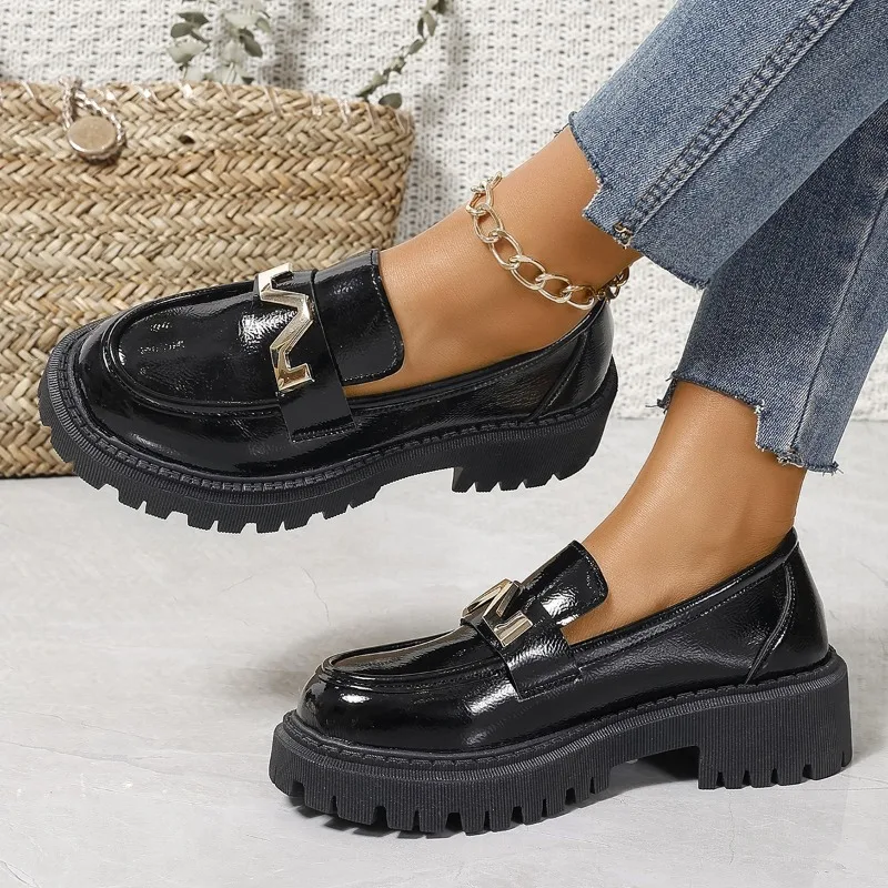 Women New for Spring Loafers Ladies Thick Sole Slip on Flats Leather Platform Casual Buckle Shoes Female atos De Mujer Platm
