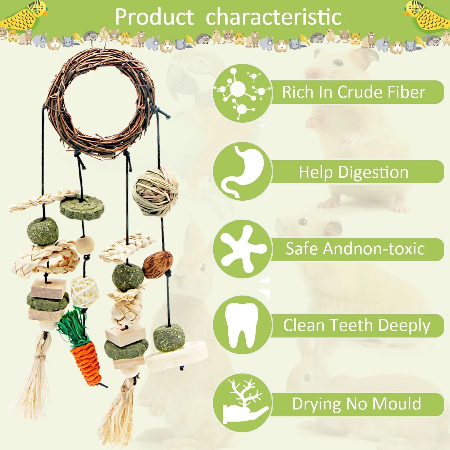 Bunny Chew Toys, Bird Rabbit Chew Toys for Teeth Grinding, Hanging Birds Toy for Birdcage, Improve Pets Dental Health