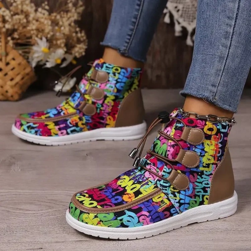 Print Women Platform Flats Ankle Femme Casual Lace Up Boots New Winter Design Fashion Walking Shoes atos Mujer e675
