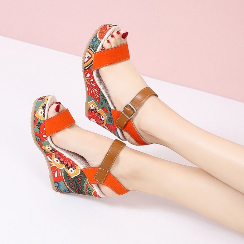 Women's Summer Wedge Sandals: Ethnic Print, Comfy Platform Sandals for Ladies