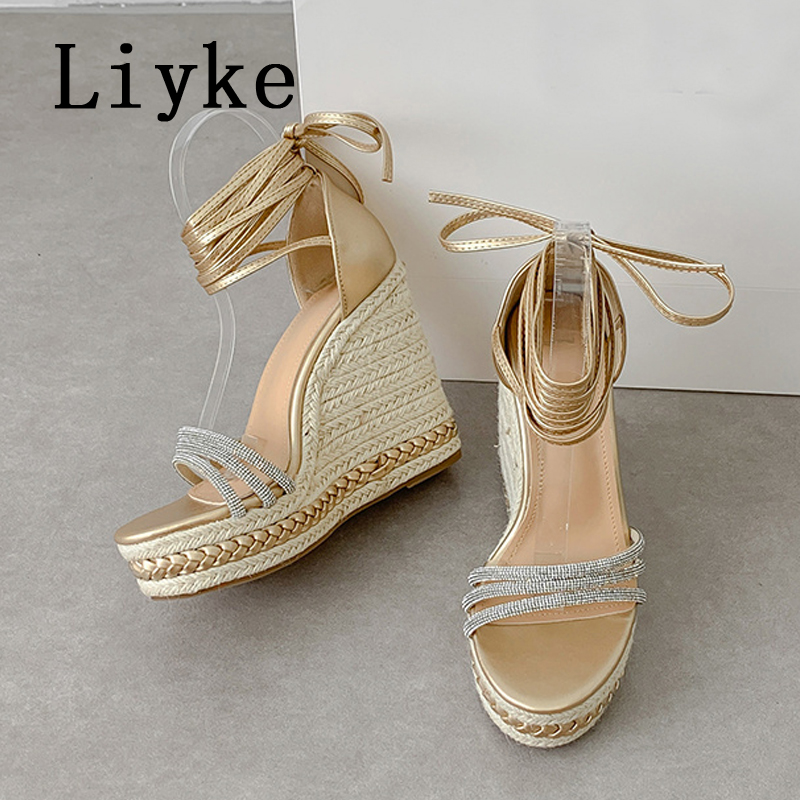 Liyke Handmade Weave Straw Rope Wedge Sandals Women Summer Fashion Crystal Open Toe Lace Up Platform High Heels Ladies Shoes