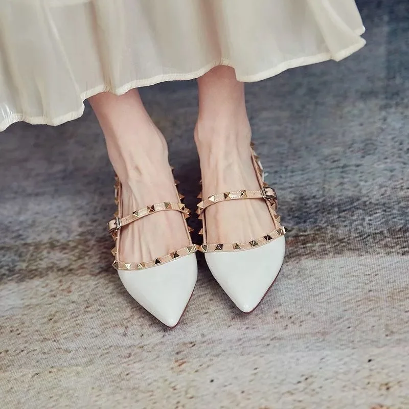 Ankle Strap Cut Out D'orsy Studded Rockstud Patent Leather Rivet Flats T-Strap Buckle Walking Soft Women Shoes Travel Size 35-40