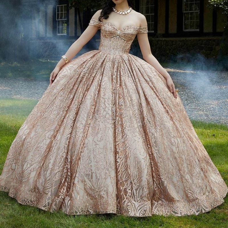 Champagne Shiny Quinceanera Dresses Off The Shoulder Princess Beads Crystal Bow Tull Sweet 16 Birthday Party Gown Vestido De 15 Anos