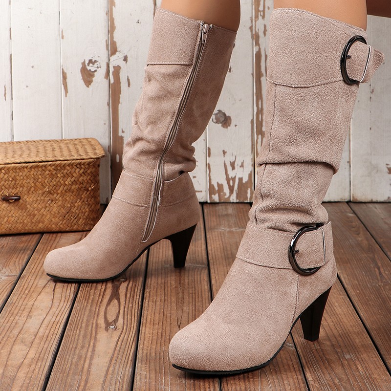 Womens Mid-Calf Boots 2024 Winter Designer Fashion High Heel Shoes Luxury Faux Suede Elegant Lady Western Side Zip Casual Buckle