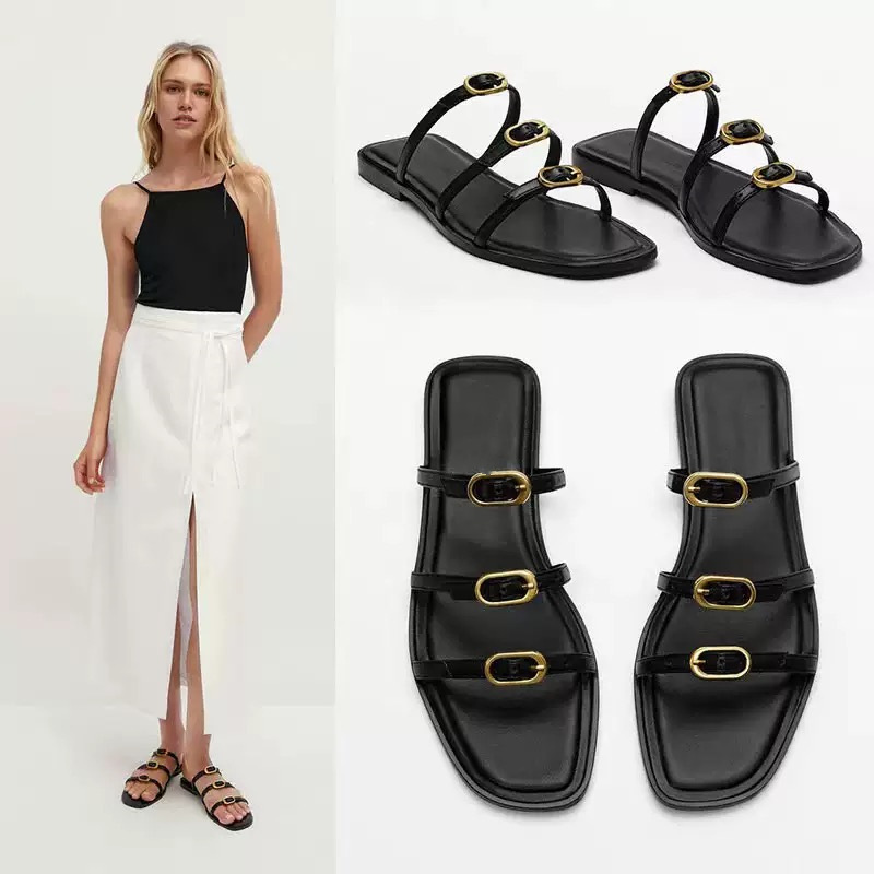 Buckle Strap Flat Slippers For Women 2024 Summer Round Head Open Toe Slipper Women New Leisure Black Indoor Sandals Shoes Ḁ