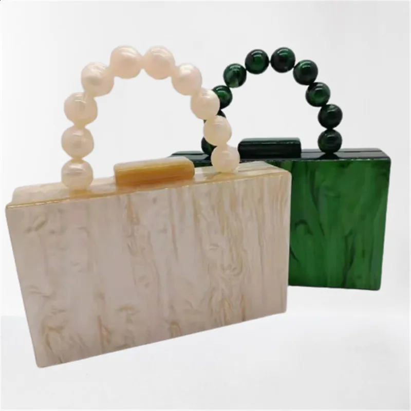 18X11 cm With Bead Chain Pearl Green Marbel Womens Acrylic Evening Party Clutch Handbag er Perspex Purse for Wedding Party 240903