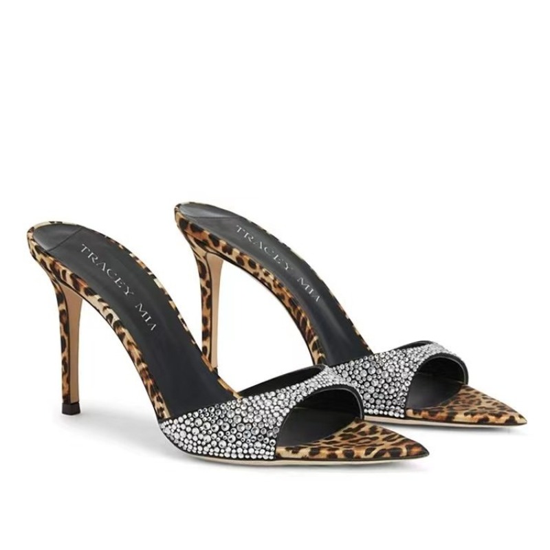Pointed Summer Toe High Heel Shoes Leopard Printed Rhies Thin Heels Sandals Women Slippers d9ee s e3b