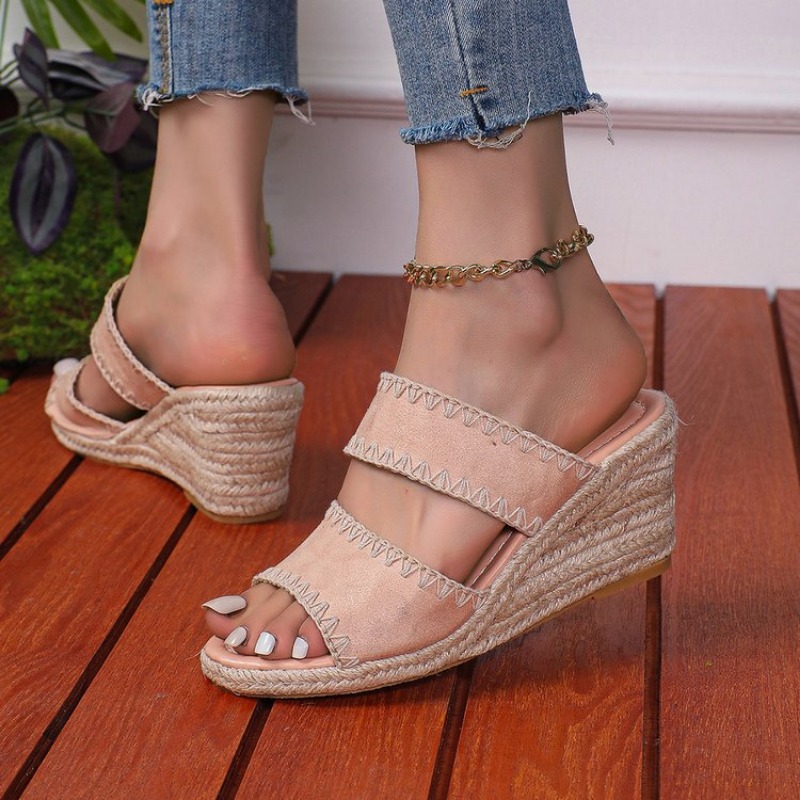 2025 new Large Summer Size Women's Sandals House Slippers Wedge Platform Slides Fashion Peep Toe Women Heels Rome PU Cotton Fabric e4b8
