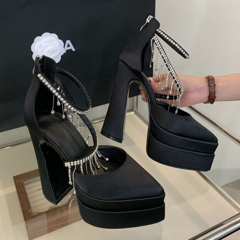 Satin New Tassels Rhies Women Pumps Elegant Pointed Toe Platform Wedges Super High Heels Runway style Party Prom Shoes dae0 0453