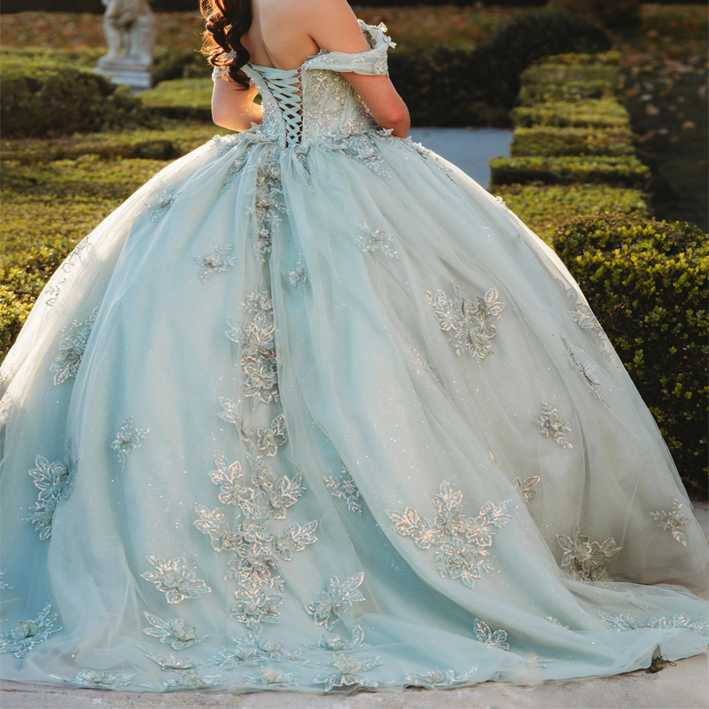 Light Green Sparkly Quinceanera Dresses Ball Gown Off The Shoulder Lace Applique Beading Tull Birthday Party Corset Sweet 16 Vestidos De 15 Anos
