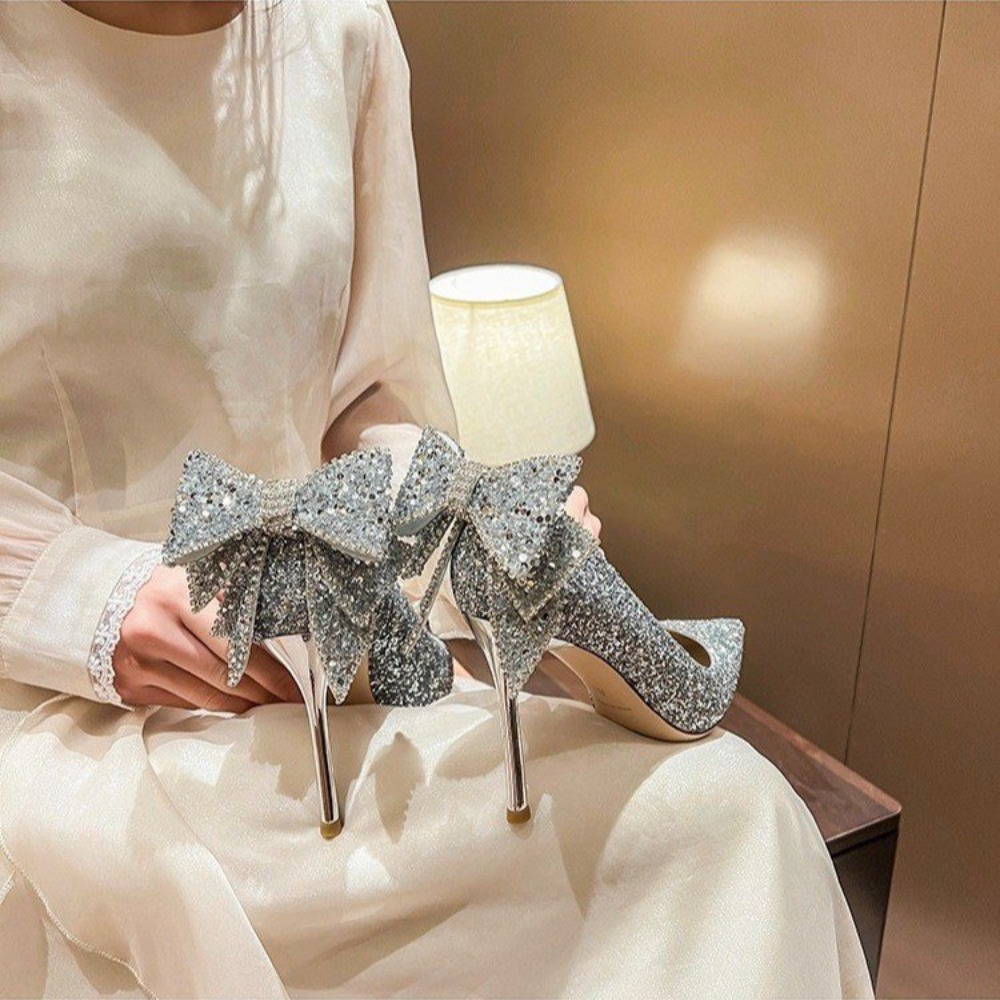 Bowknot Shiny Thin Pumps Women Slip-On Bg Crystal Party Woman Sexy New Pointed Toe Glitter High Heels Shoes 9edd