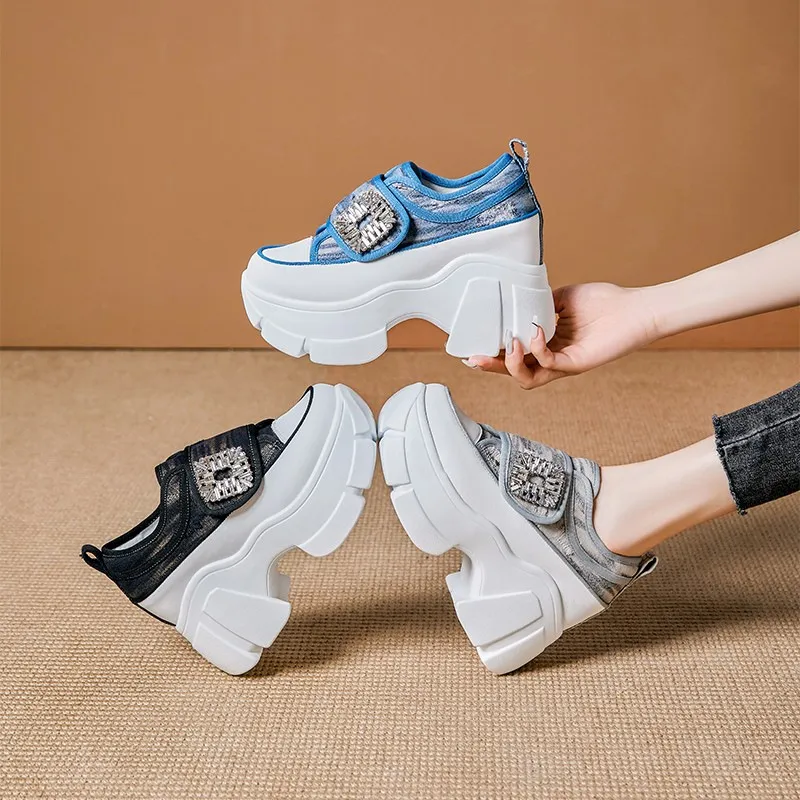 Denim Platform Women's Canvas Shoes 7cm Platform Women Casual Sneakers Luxury Rhinestone Square Buckle Ladies Vulcanized Shoes