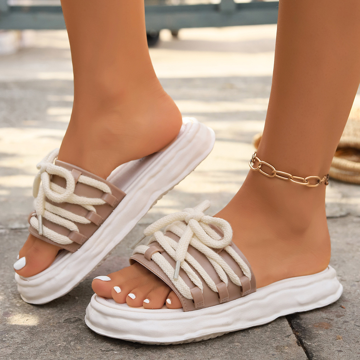 Fashion Slippers Open Thick Sole Anti-Slip Shoes Summer New Casual Round Toe Leather Beach Women's Flip p 1c83